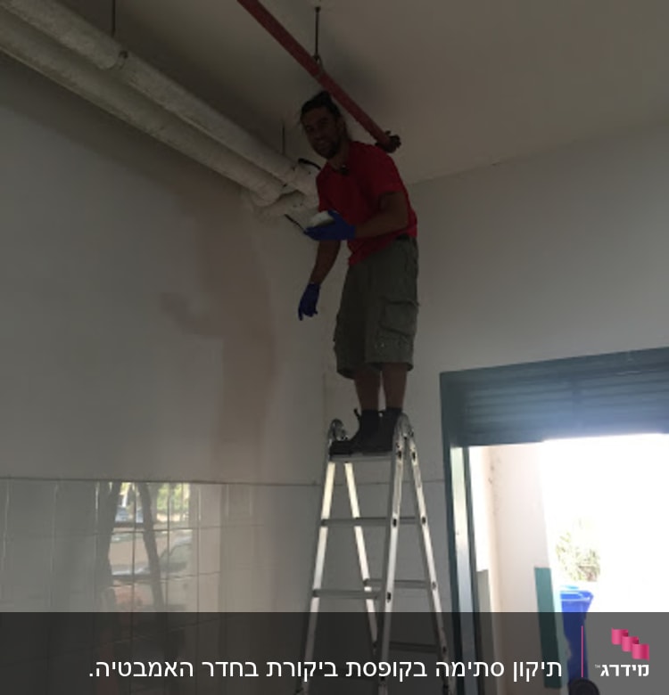 אדם על סולם מתקן צינור תקרה